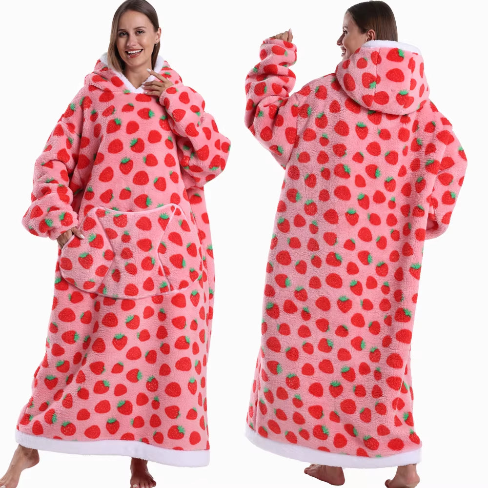 Christmas Super Long Flannel Blanket Cold-Proof Nightgown Pyjamas Sleeves Winter Hoodies Sweatshirt Women Men Pullover Fleece