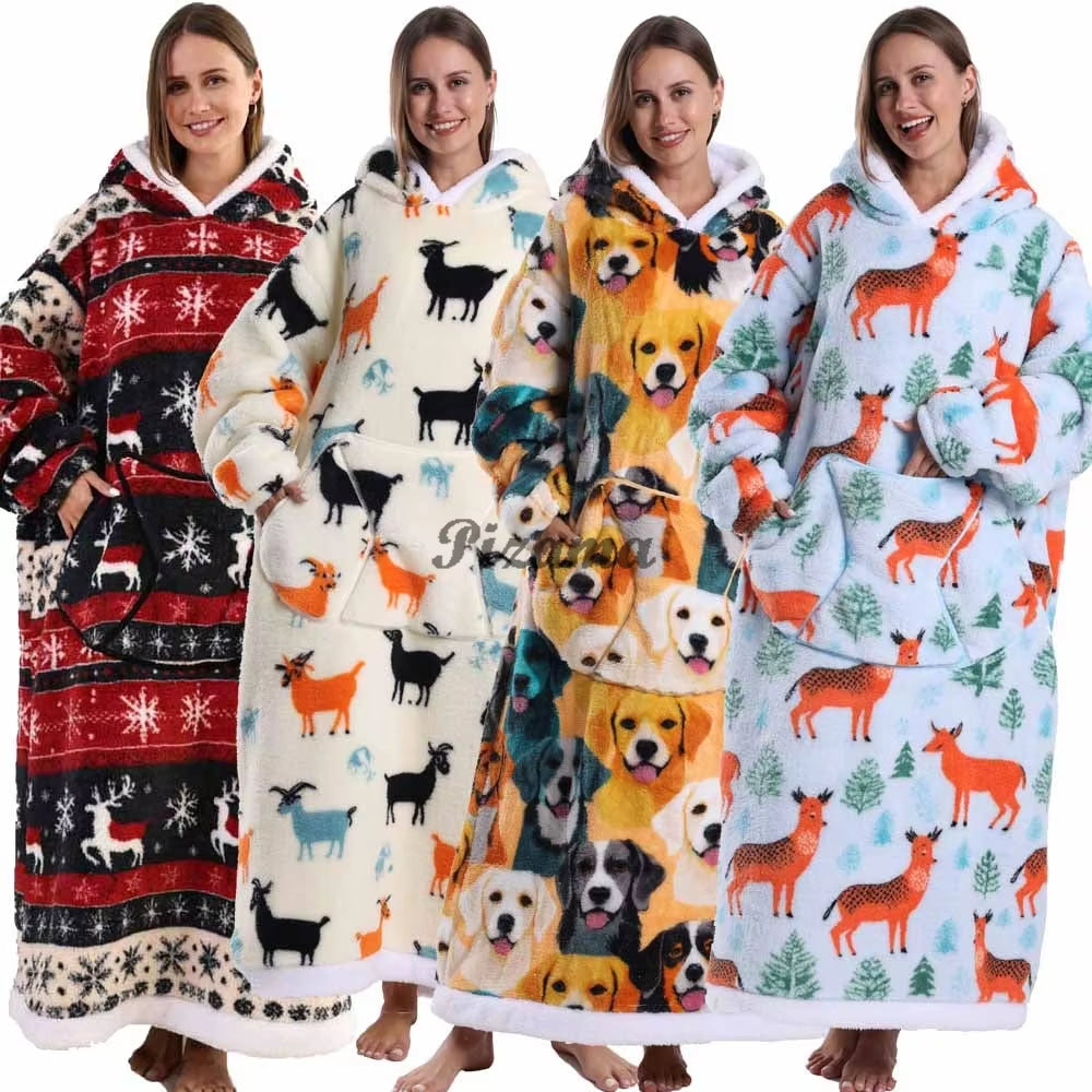 Christmas Super Long Flannel Blanket Cold-Proof Nightgown Pyjamas Sleeves Winter Hoodies Sweatshirt Women Men Pullover Fleece