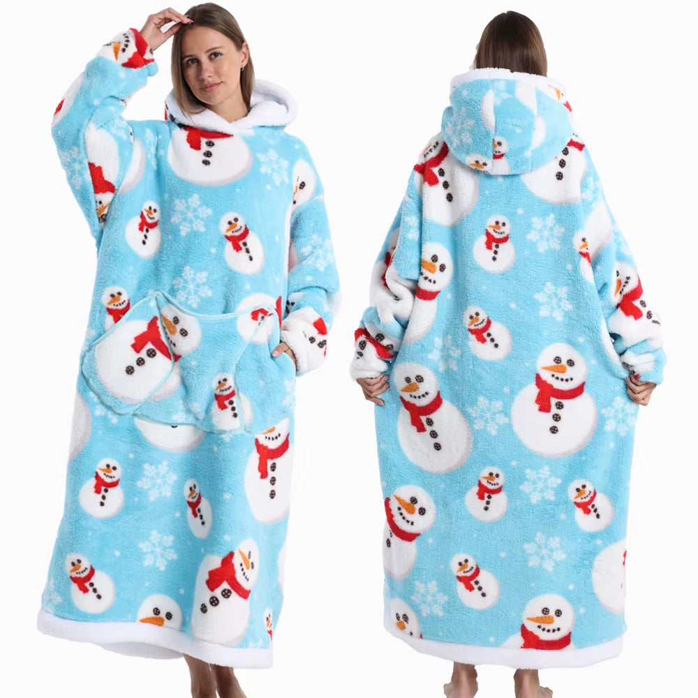 Christmas Super Long Flannel Blanket Cold-Proof Nightgown Pyjamas Sleeves Winter Hoodies Sweatshirt Women Men Pullover Fleece