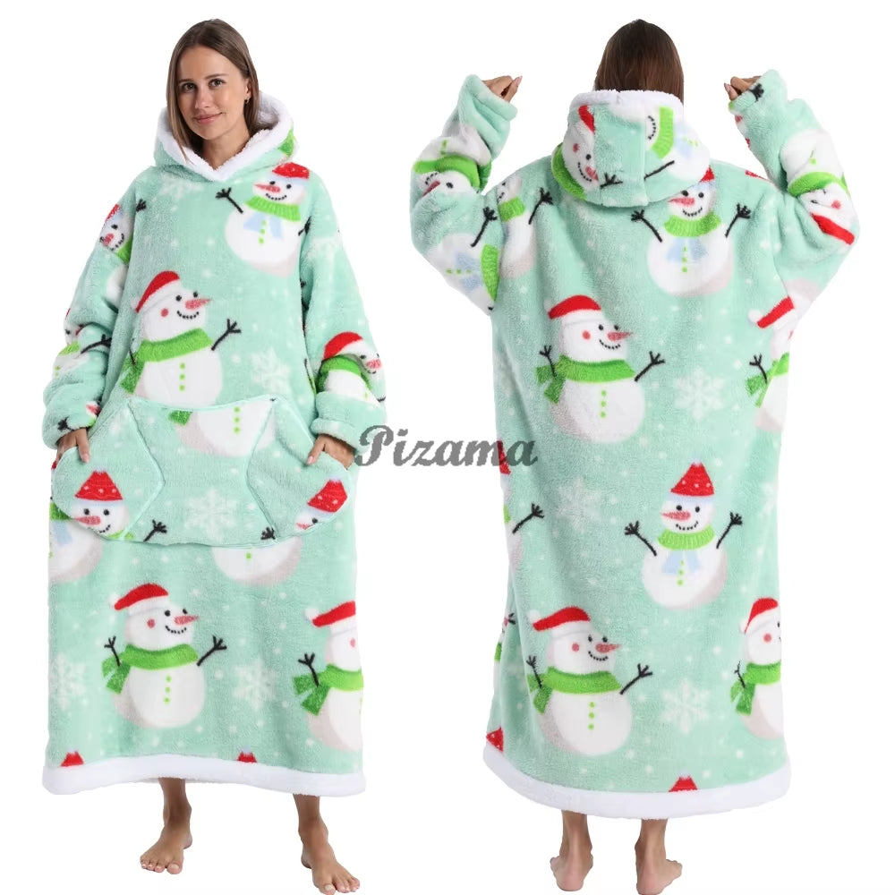 Christmas Super Long Flannel Blanket Cold-Proof Nightgown Pyjamas Sleeves Winter Hoodies Sweatshirt Women Men Pullover Fleece