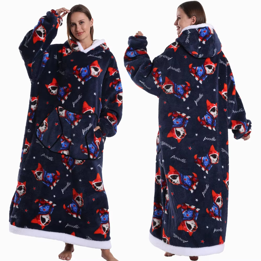 Christmas Super Long Flannel Blanket Cold-Proof Nightgown Pyjamas Sleeves Winter Hoodies Sweatshirt Women Men Pullover Fleece