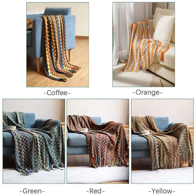 Boho Woven Rust Red Throw Blanket with Tassels Soft Lightweight Plaid Blanket for Couch Bed Sofa Decorative Knitted Soft Blanket