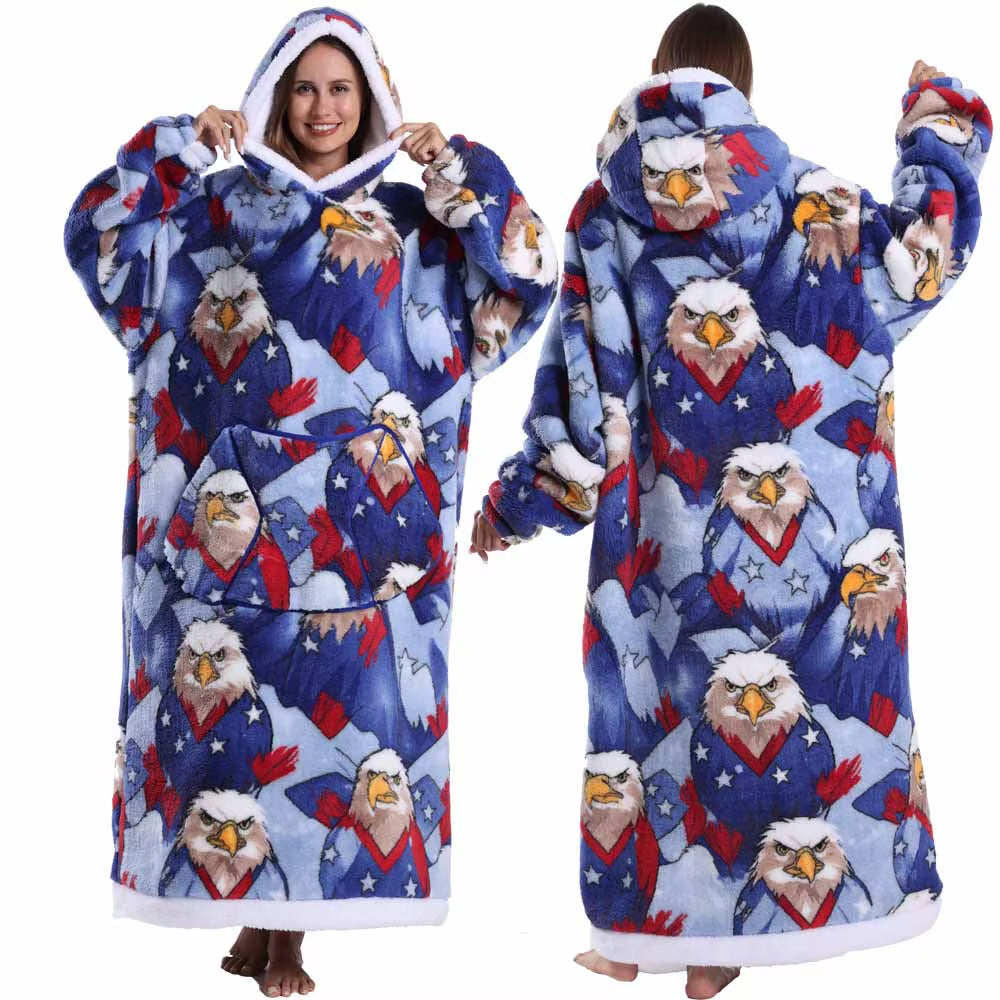 Christmas Super Long Flannel Blanket Cold-Proof Nightgown Pyjamas Sleeves Winter Hoodies Sweatshirt Women Men Pullover Fleece