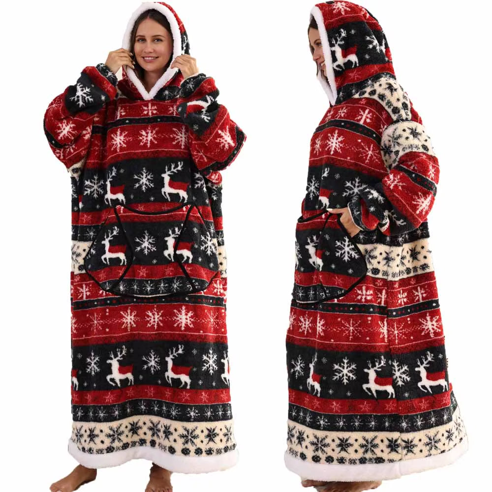 Christmas Super Long Flannel Blanket Cold-Proof Nightgown Pyjamas Sleeves Winter Hoodies Sweatshirt Women Men Pullover Fleece