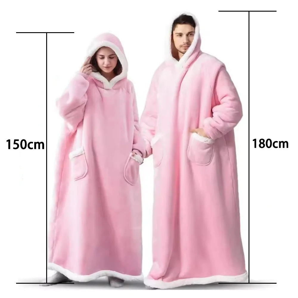 180Cm Super Long Flannel Blanket Pyjamas with Sleeves Winter Hoodies Sweatshirt Women Men Pullover Fleece Giant Oversized Outdoo