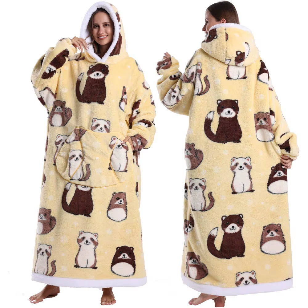 Christmas Super Long Flannel Blanket Cold-Proof Nightgown Pyjamas Sleeves Winter Hoodies Sweatshirt Women Men Pullover Fleece