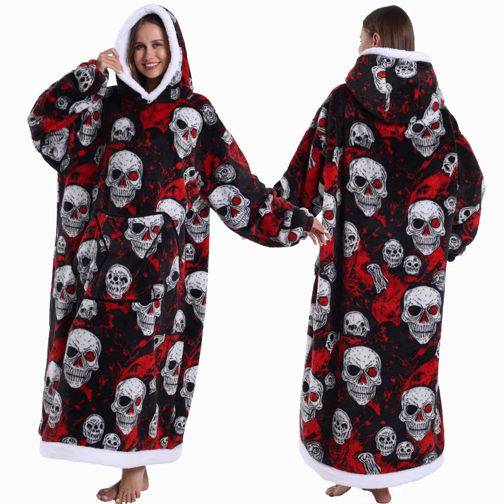 Christmas Super Long Flannel Blanket Cold-Proof Nightgown Pyjamas Sleeves Winter Hoodies Sweatshirt Women Men Pullover Fleece