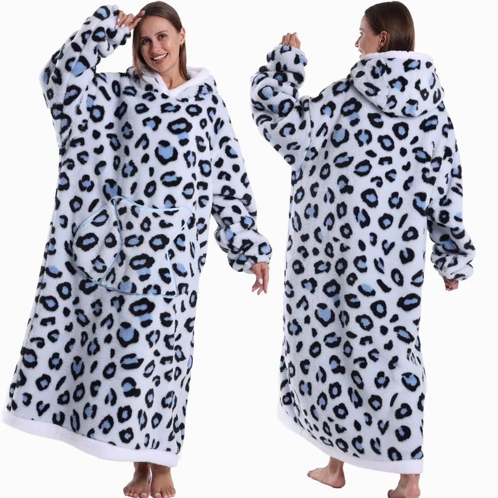 Christmas Super Long Flannel Blanket Cold-Proof Nightgown Pyjamas Sleeves Winter Hoodies Sweatshirt Women Men Pullover Fleece