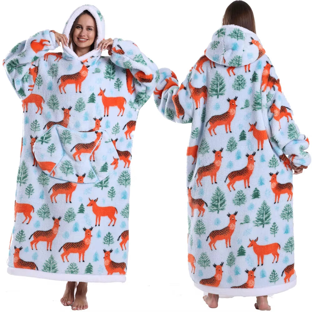 Christmas Super Long Flannel Blanket Cold-Proof Nightgown Pyjamas Sleeves Winter Hoodies Sweatshirt Women Men Pullover Fleece