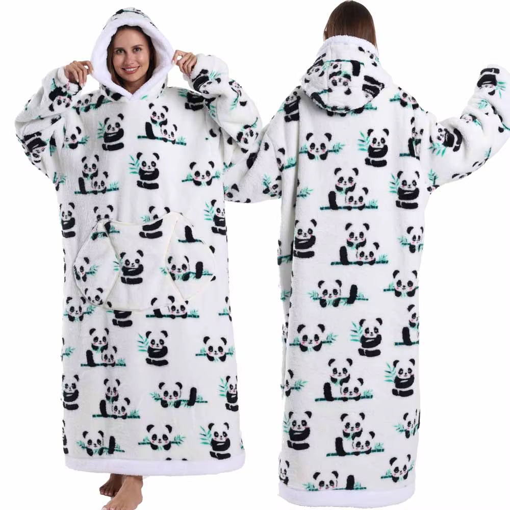 Christmas Super Long Flannel Blanket Cold-Proof Nightgown Pyjamas Sleeves Winter Hoodies Sweatshirt Women Men Pullover Fleece
