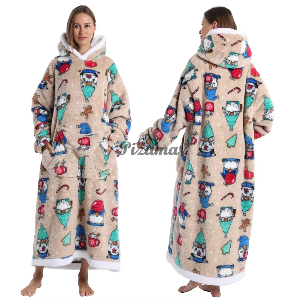 Christmas Super Long Flannel Blanket Cold-Proof Nightgown Pyjamas Sleeves Winter Hoodies Sweatshirt Women Men Pullover Fleece