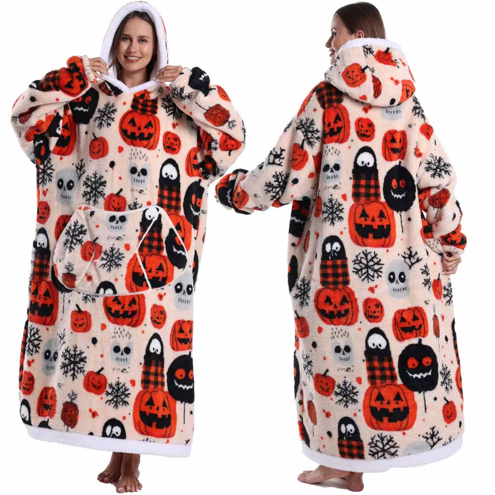 Christmas Super Long Flannel Blanket Cold-Proof Nightgown Pyjamas Sleeves Winter Hoodies Sweatshirt Women Men Pullover Fleece
