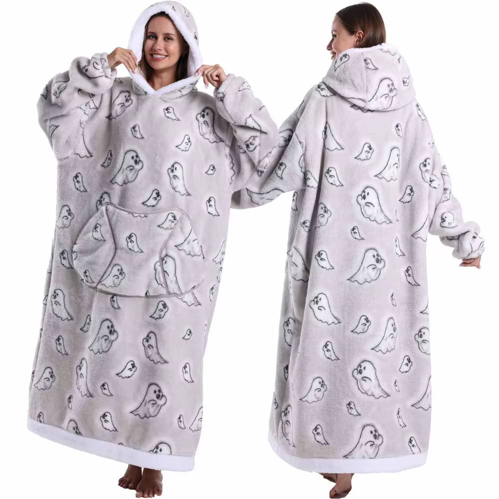 Christmas Super Long Flannel Blanket Cold-Proof Nightgown Pyjamas Sleeves Winter Hoodies Sweatshirt Women Men Pullover Fleece