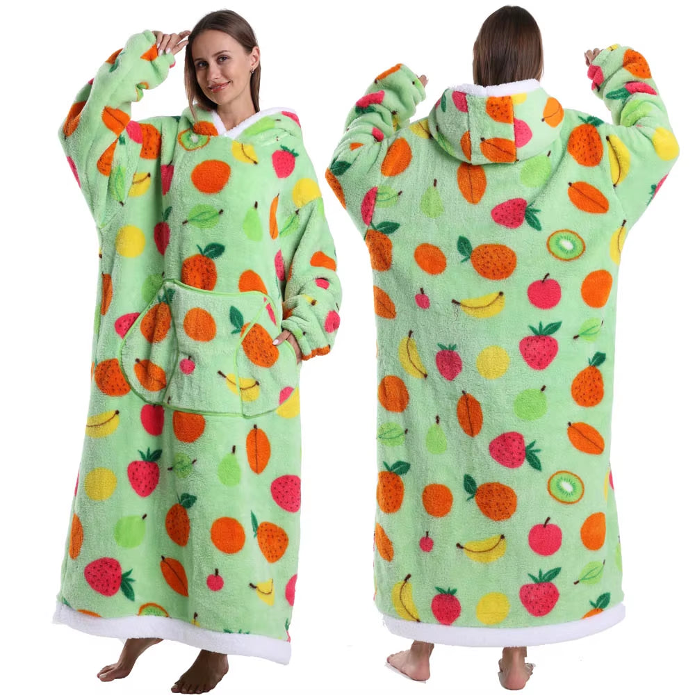 Christmas Super Long Flannel Blanket Cold-Proof Nightgown Pyjamas Sleeves Winter Hoodies Sweatshirt Women Men Pullover Fleece