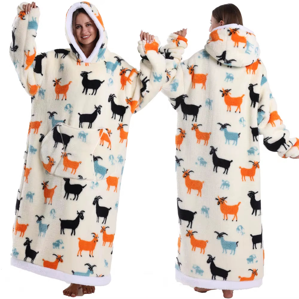 Christmas Super Long Flannel Blanket Cold-Proof Nightgown Pyjamas Sleeves Winter Hoodies Sweatshirt Women Men Pullover Fleece