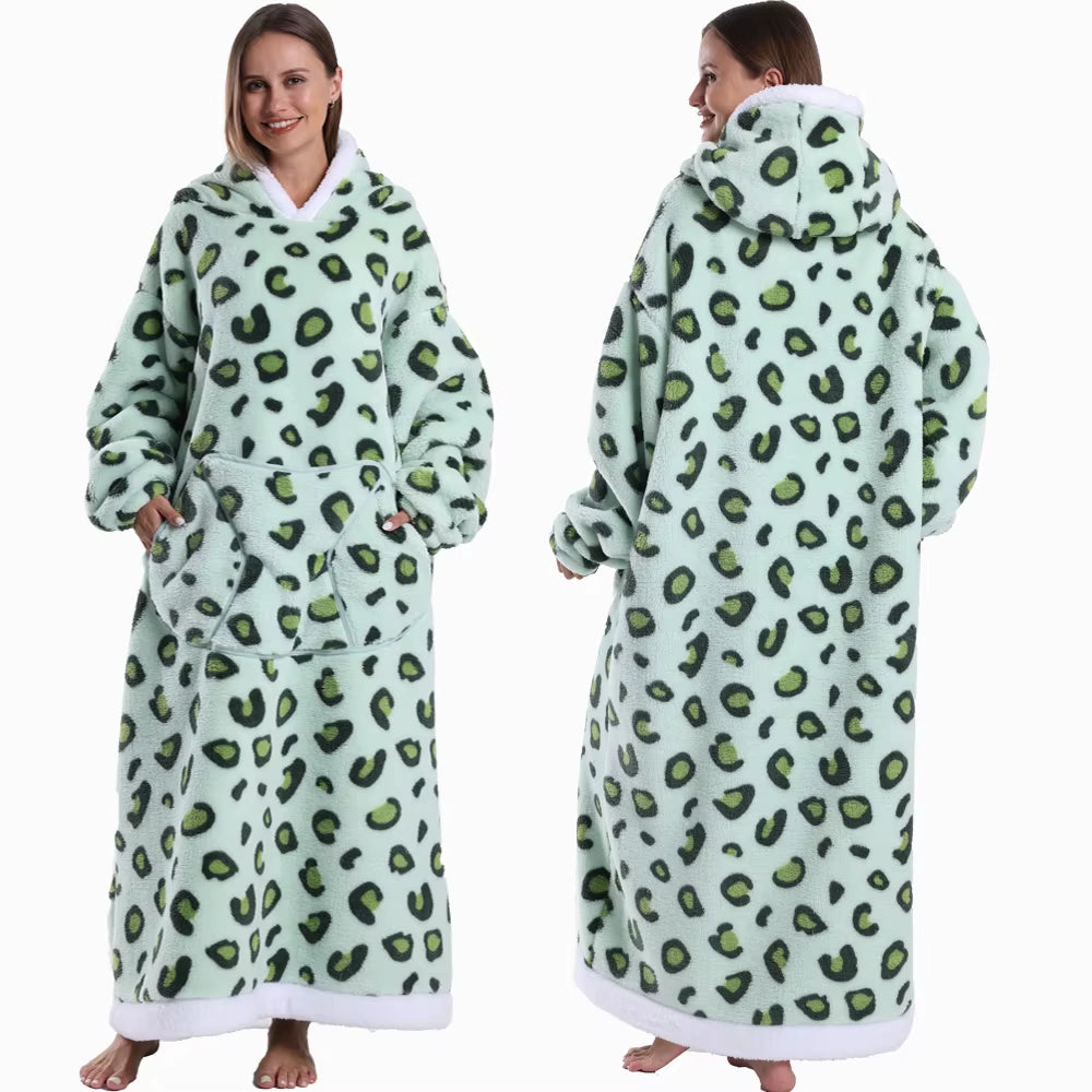 Christmas Super Long Flannel Blanket Cold-Proof Nightgown Pyjamas Sleeves Winter Hoodies Sweatshirt Women Men Pullover Fleece