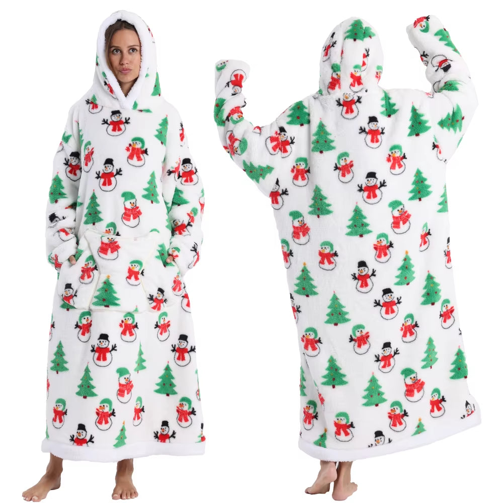 Christmas Super Long Flannel Blanket Cold-Proof Nightgown Pyjamas Sleeves Winter Hoodies Sweatshirt Women Men Pullover Fleece