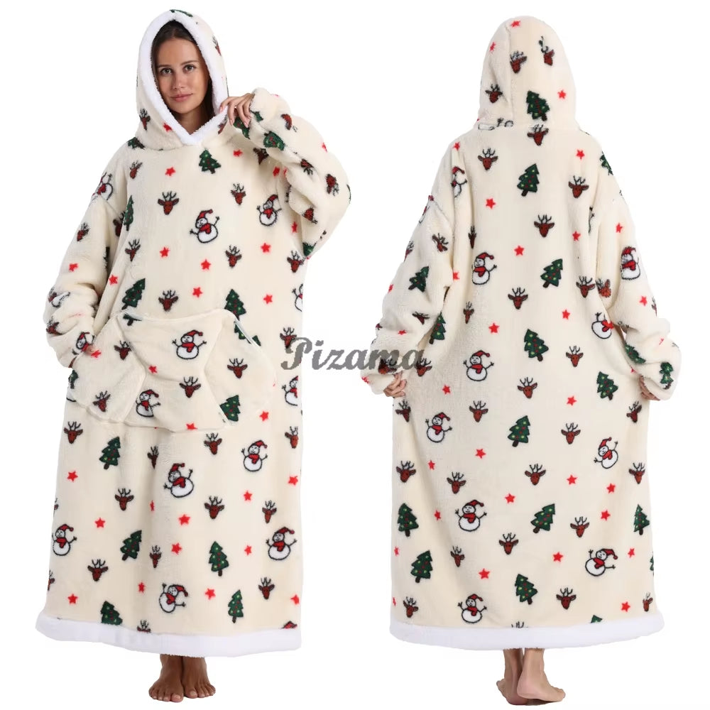 Christmas Super Long Flannel Blanket Cold-Proof Nightgown Pyjamas Sleeves Winter Hoodies Sweatshirt Women Men Pullover Fleece
