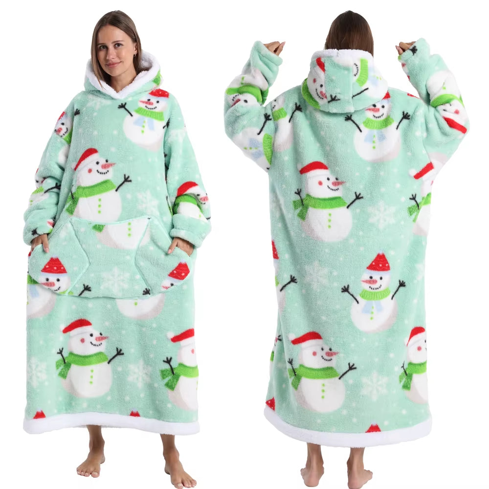 Christmas Super Long Flannel Blanket Cold-Proof Nightgown Pyjamas Sleeves Winter Hoodies Sweatshirt Women Men Pullover Fleece