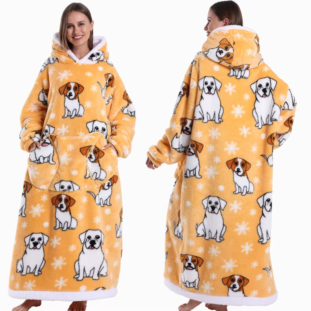 Christmas Super Long Flannel Blanket Cold-Proof Nightgown Pyjamas Sleeves Winter Hoodies Sweatshirt Women Men Pullover Fleece