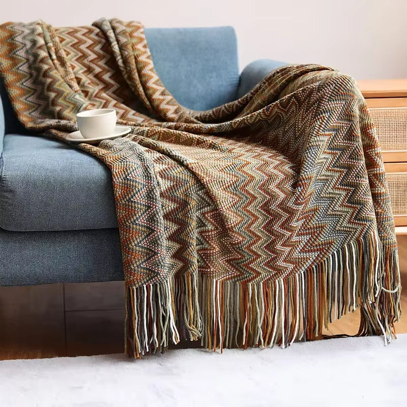Boho Woven Rust Red Throw Blanket with Tassels Soft Lightweight Plaid Blanket for Couch Bed Sofa Decorative Knitted Soft Blanket