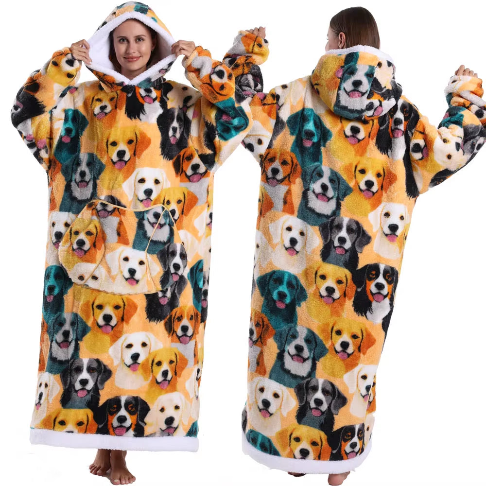 Christmas Super Long Flannel Blanket Cold-Proof Nightgown Pyjamas Sleeves Winter Hoodies Sweatshirt Women Men Pullover Fleece