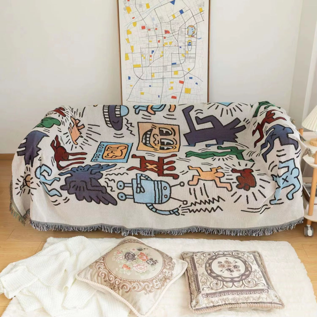 Textile City Puzzle Throwing Blanket Jacquard Weaving Graffiti Home Decoration Tassel Tapestry Picnic Blanket Moisture Proof