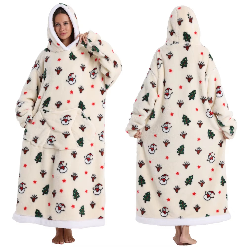 Christmas Super Long Flannel Blanket Cold-Proof Nightgown Pyjamas Sleeves Winter Hoodies Sweatshirt Women Men Pullover Fleece