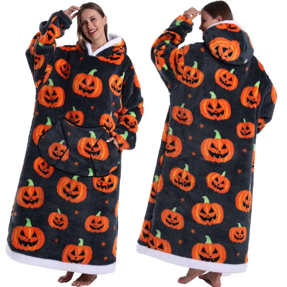 Christmas Super Long Flannel Blanket Cold-Proof Nightgown Pyjamas Sleeves Winter Hoodies Sweatshirt Women Men Pullover Fleece
