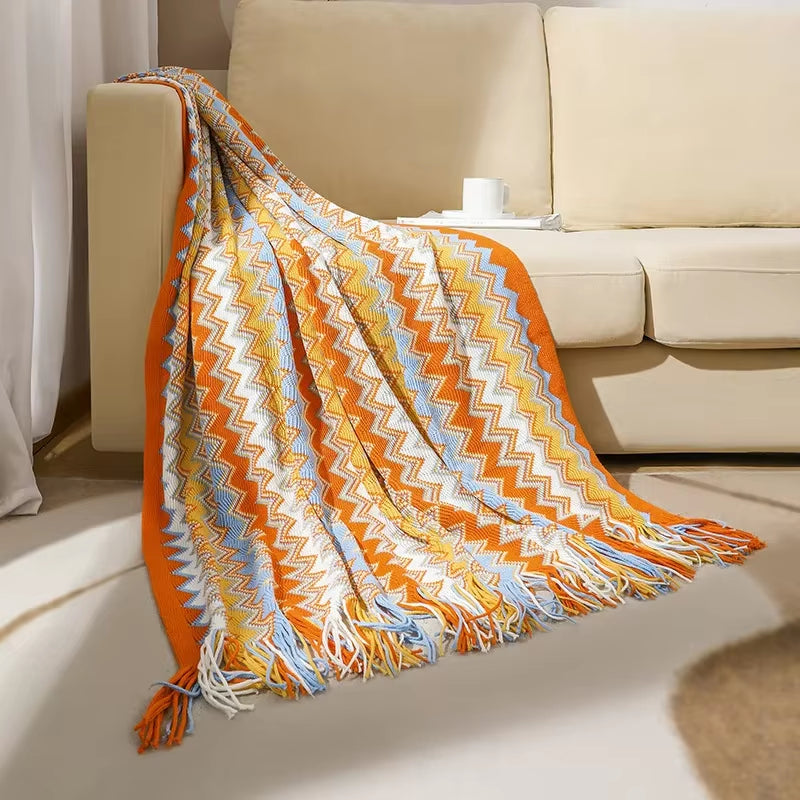 Boho Woven Rust Red Throw Blanket with Tassels Soft Lightweight Plaid Blanket for Couch Bed Sofa Decorative Knitted Soft Blanket