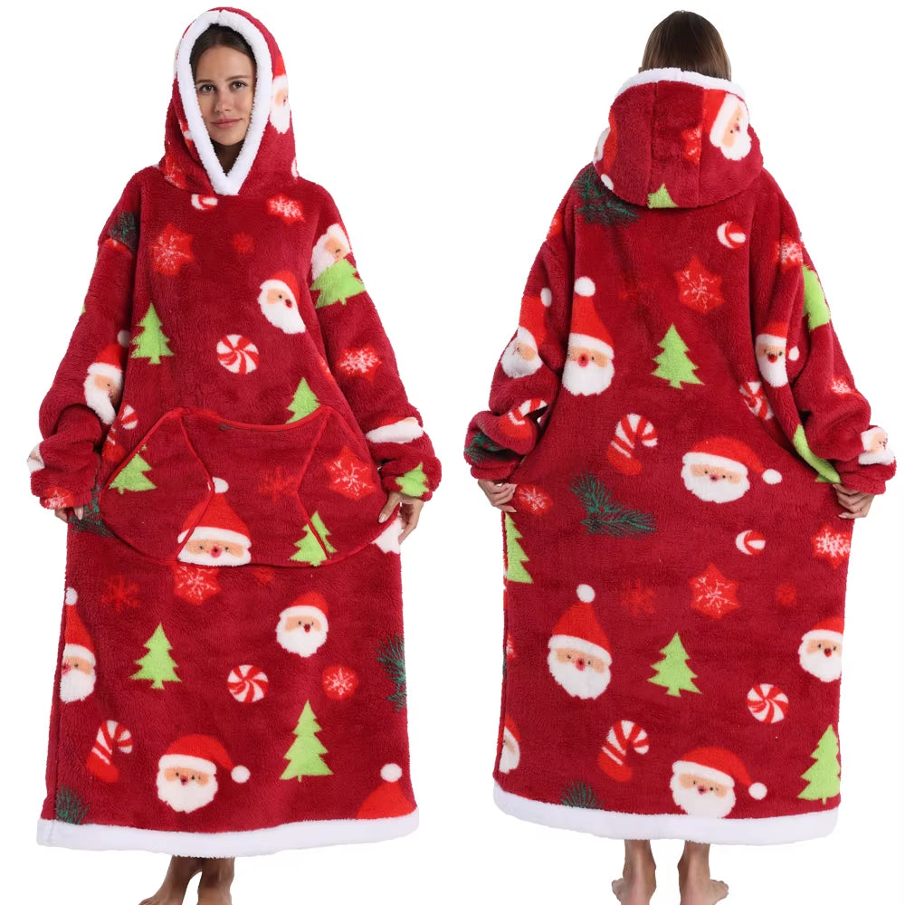 Christmas Super Long Flannel Blanket Cold-Proof Nightgown Pyjamas Sleeves Winter Hoodies Sweatshirt Women Men Pullover Fleece