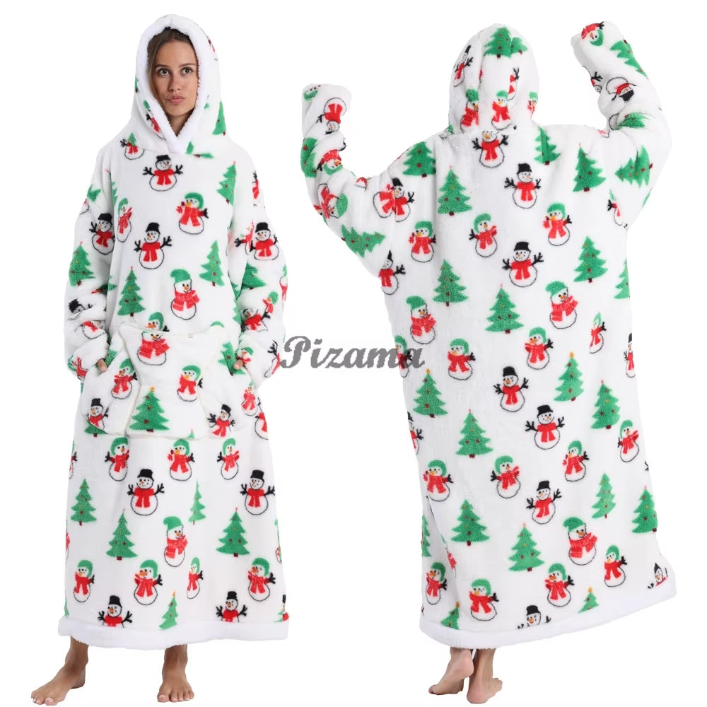 Christmas Super Long Flannel Blanket Cold-Proof Nightgown Pyjamas Sleeves Winter Hoodies Sweatshirt Women Men Pullover Fleece
