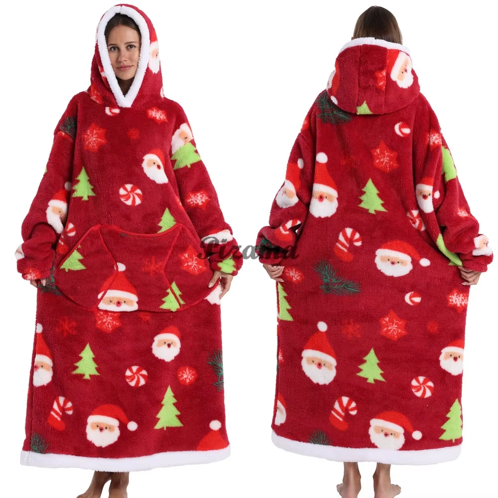Christmas Super Long Flannel Blanket Cold-Proof Nightgown Pyjamas Sleeves Winter Hoodies Sweatshirt Women Men Pullover Fleece